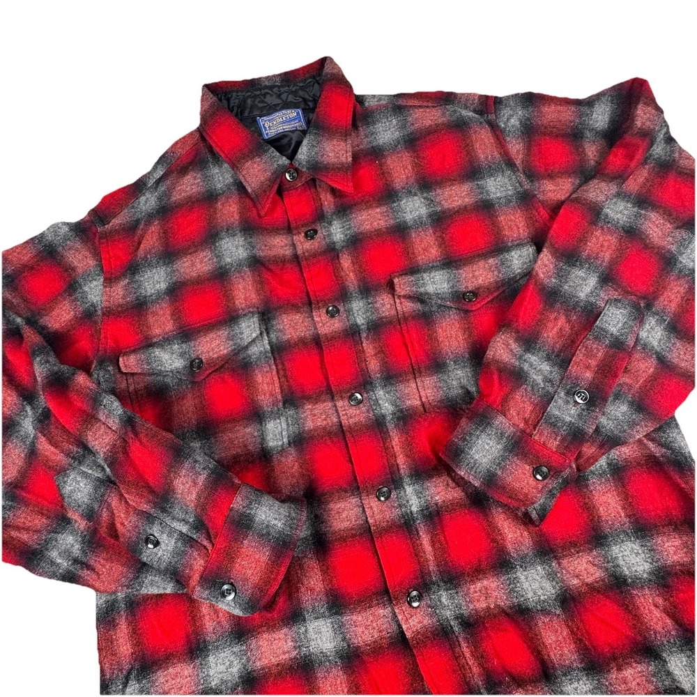 Vintage 50s Pendleton Wool Flannel Men 16.5 (Lg) Shadow Plaid Button Western